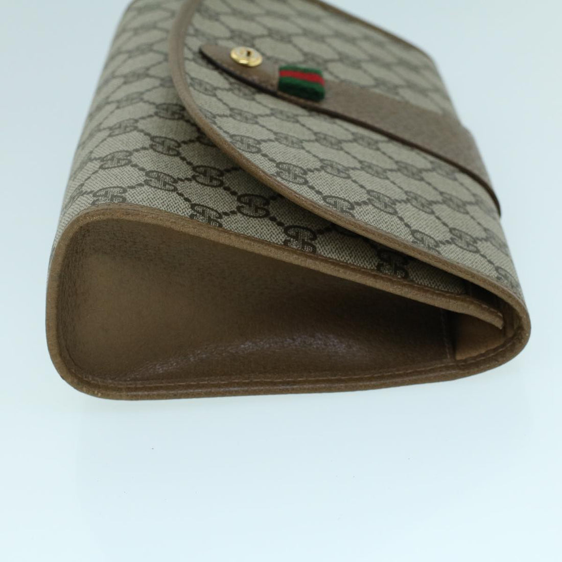 GUCCI GG Canvas Web Sherry Line Clutch Bag PVC Leather Beige Green 54002