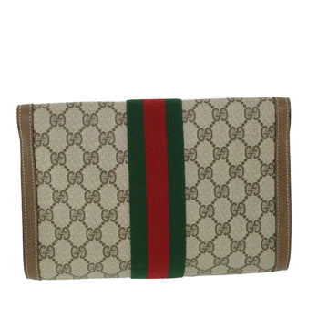 GUCCI GG Canvas Web Sherry Line Clutch Bag PVC Leather Beige Green 54834