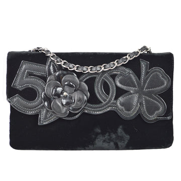 Chanel 2005-2006 Camelia Chain Shoulder Bag Black Velvet