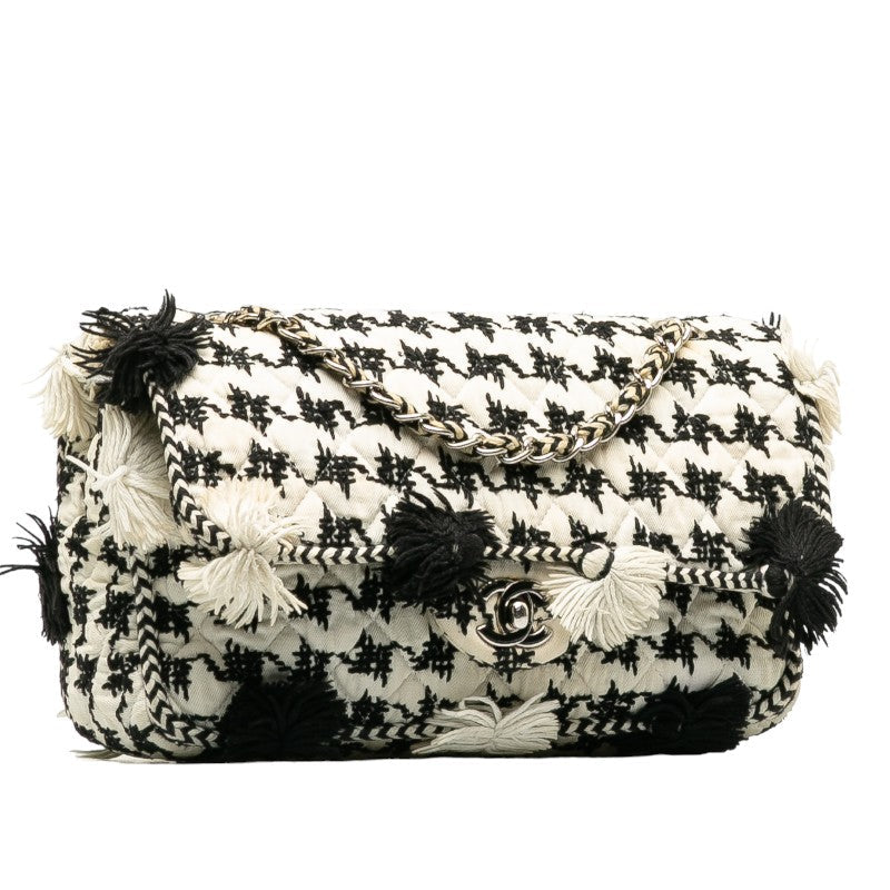 CHANEL Flap Chain Shoulder Bag Canvas White Black Ladies