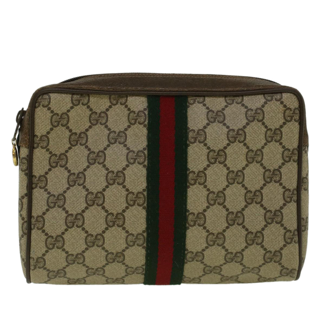 GUCCI GG Canvas Web Sherry Line Clutch Bag PVC Leather Beige Green 59128