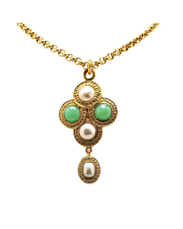 Gold Plated Gripoix and Faux Pearl Pendant Necklace