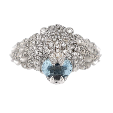 Lion Head Ring 18K White Gold with Pave Diamonds and Aquamarine