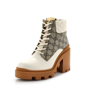 Women's Lace Up Heeled Ankle Boots GG Coated Canvas with Quilted Leather