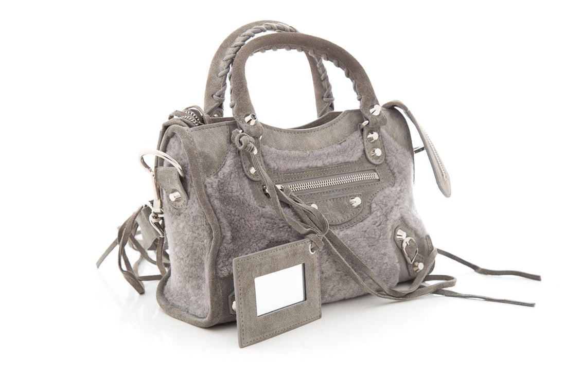 Balenciaga Grey Shearling & Suede Motocross Handbag