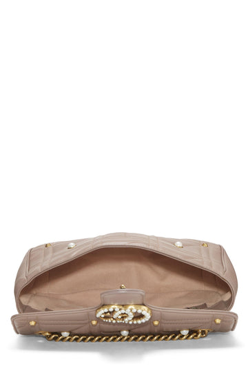 Gucci,  Beige Leather & Faux Pearl GG Marmont Shoulder Bag Small, Beige