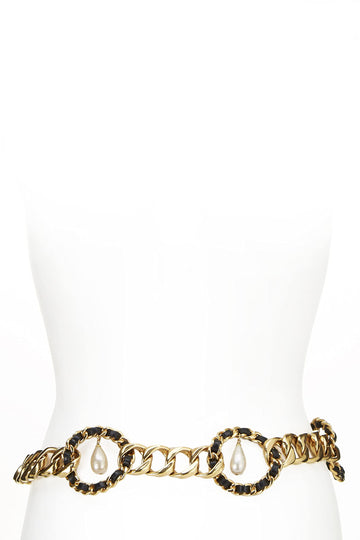 Chanel,  Gold & Black Rope Circle Faux Pearl Chain Belt, Black