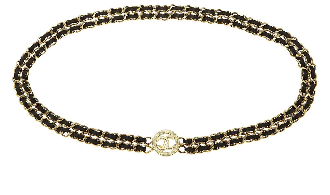 Chanel,  Gold & Black Leather Sunburst Double Chain Belt, Black