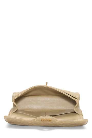 Chanel,  Beige Quilted Lambskin Curved Double Flap Medium, Beige