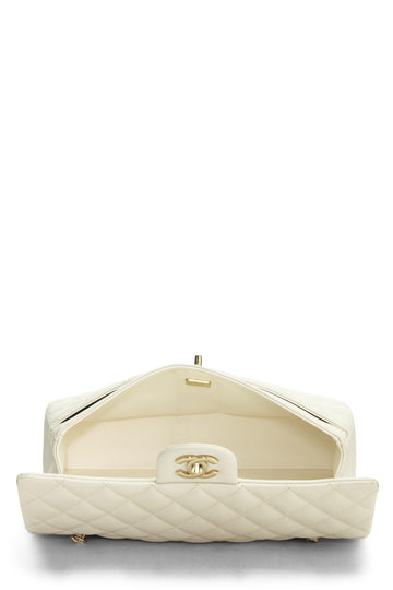 Chanel,  White Quilted Caviar Classic Double Flap Medium, White