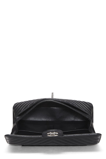 Chanel,  Black Chevron Lambskin Classic Double Flap Medium, Black