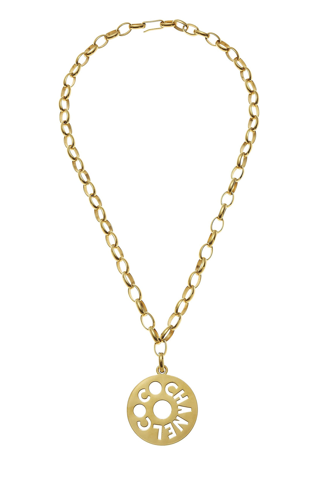Chanel,  Gold Coco Chain Round Cutout Pendant Necklace Large, Gold