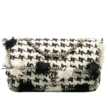 CHANEL Flap Chain Shoulder Bag Canvas White Black Ladies