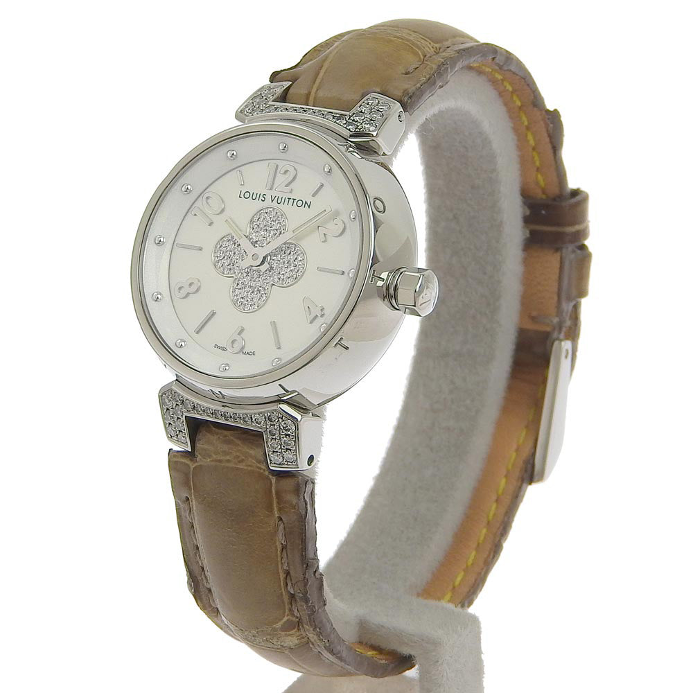 LOUIS VUITTON Watches Quartz Q121P Stainless Steel , Leather Brown Forever Tambour Silver shell dial Women Used
