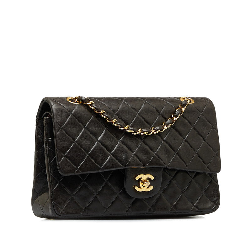 Chanel Double Flat Chain Shoulder Bag Black Gold Ram Skin Ladies Chanel