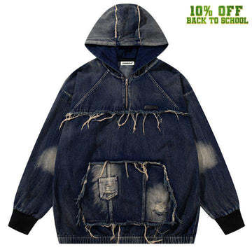 Makersluxe® Distressed Wash Raw Edge Denim Hoodie
