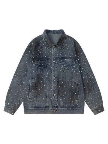 Makersluxe Hip-hop Beaded Washed Denim Jacket
