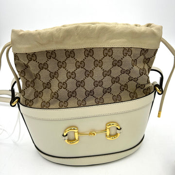 GUCCI Monogram Textured Calfskin Horsebit 1955 Drawstring Bucket Bag Beige Mystic White LA38617