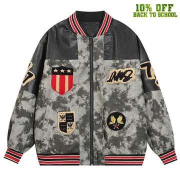 Makersluxe® PU Leather Camo Patchwork Bomber Jacket