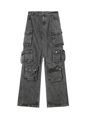 Makersluxe Street Stitching Multi-Pocket Workwear Washed Jeans