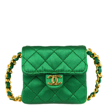 Chanel 1989-1991 Classic Flap Micro Shoulder Pochette Pouch Satin Green