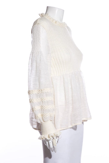 Chanel Ivory Lace Pattern Sleeves Ribbed Blouse SZ 42