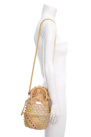 Le Nine Multicolor Embellished Raffia Bucket Bag NWT