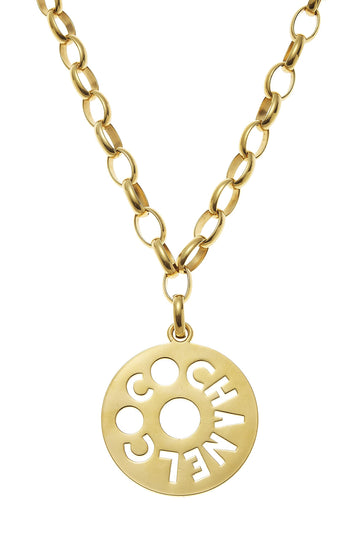 Chanel,  Gold Coco Chain Round Cutout Pendant Necklace Large, Gold