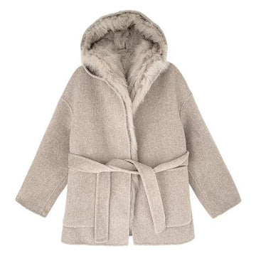 Fashion Women's Fox Fur Grass Inner Bladder Wool Coat Hooded Loose Sashes Solid Color Overcoat Winter