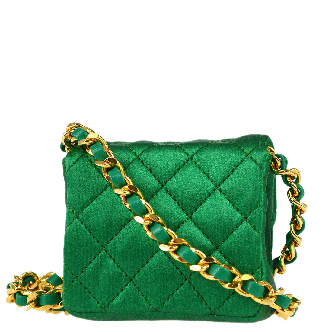 Chanel 1989-1991 Classic Flap Micro Shoulder Pochette Pouch Satin Green