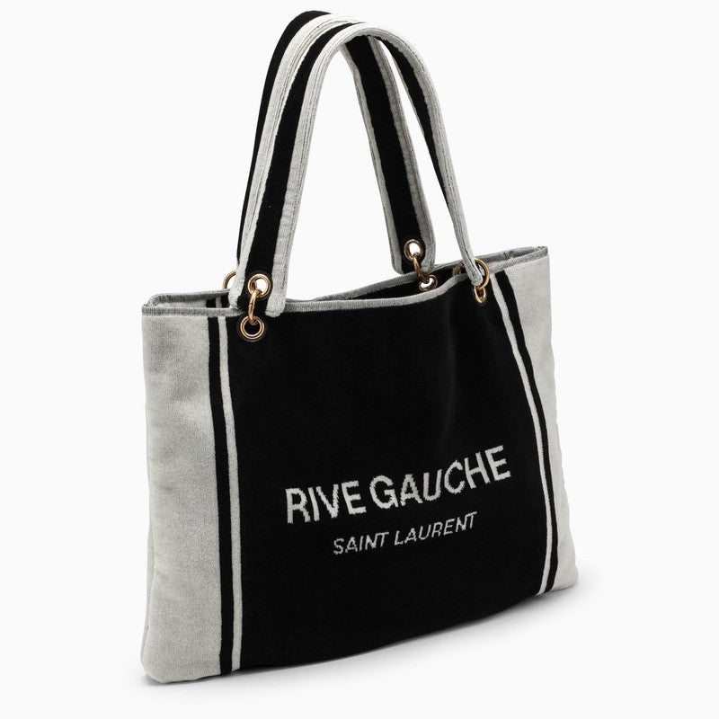 Saint Laurent Rive Gauche Tote In Black And White Terry Cloth Women