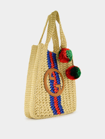 Raffia Tote Bag With Round Interlocking G