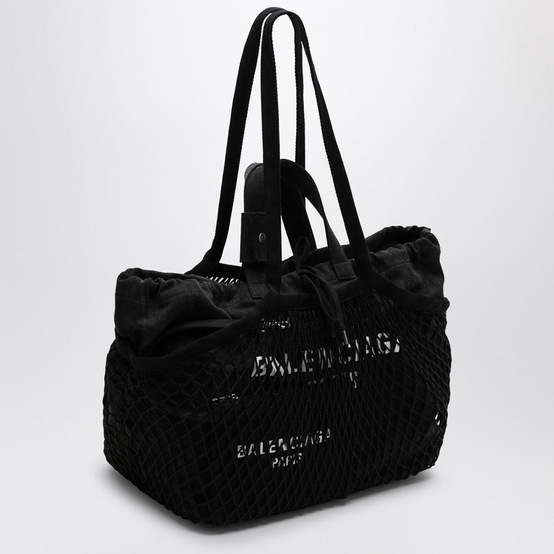 Balenciaga Medium 24/7 Tote Bag In Washed Black Cotton With Mesh Women