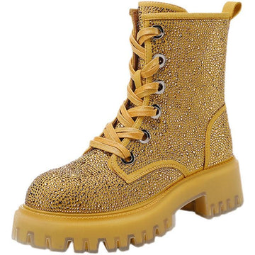 Leather Full Rhinestone Round Toe Thick Bottom Thick Heel Increased Side Zipper Lace-up Martin Boots