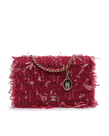 Tweed Wallet On Chain with Leather-Woven Strap and Multiple Pockets