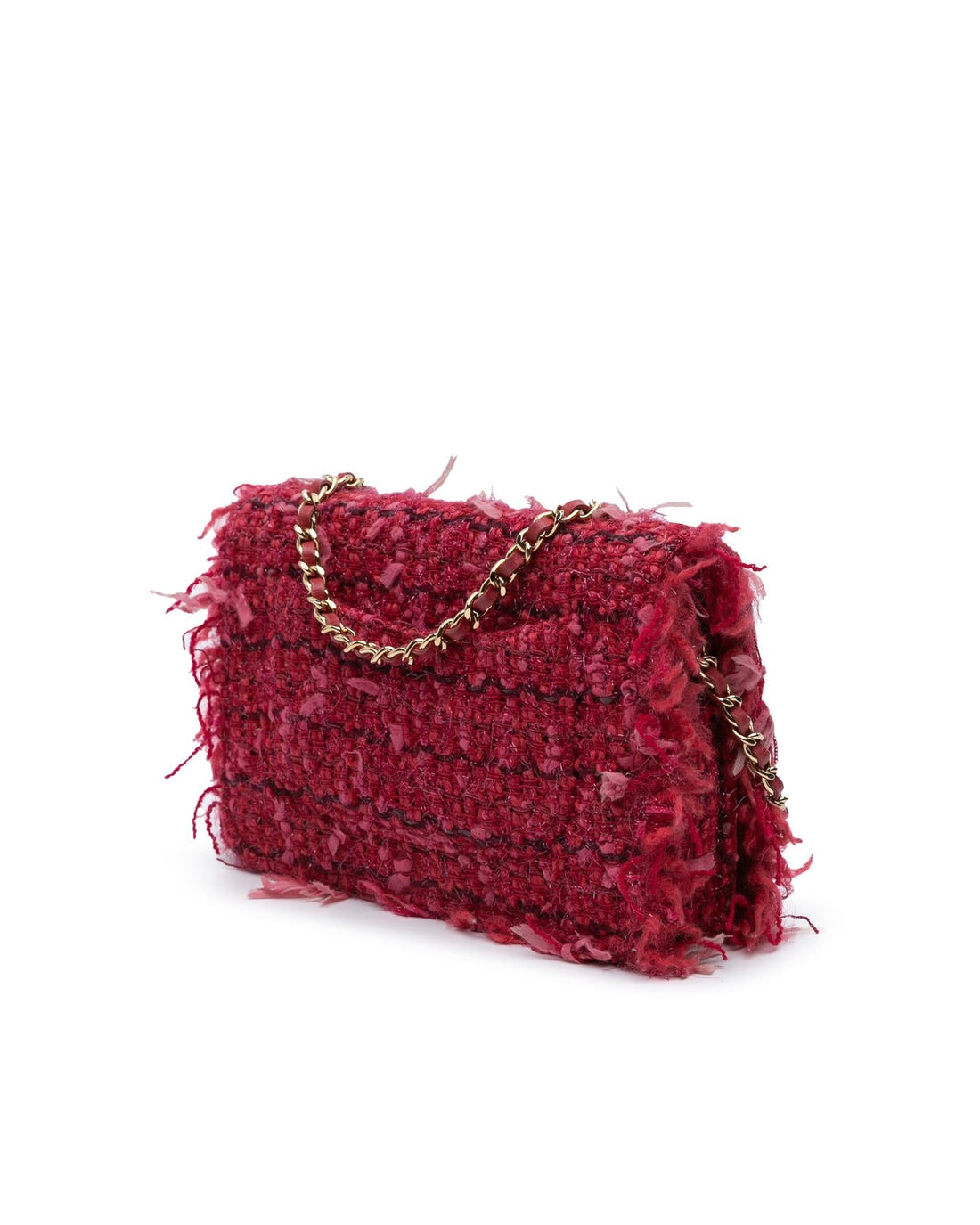 Tweed Wallet On Chain with Leather-Woven Strap and Multiple Pockets