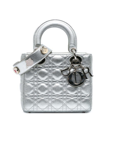 Small Metallic Grained Calfskin Quilted Leather Bag with Detachable Strap