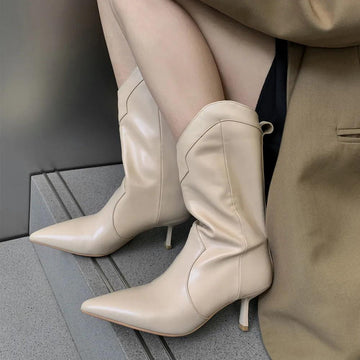 Women Mid-Calf Boots Pointed Toe Thin High Heels Mature Western Boots Autumn Winter Office Lady