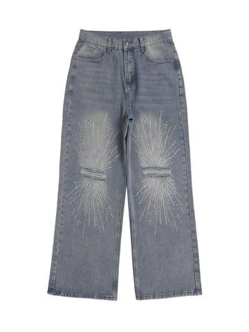 Makersluxe Hip-Hop Shining Cross Hot Diamond Distressed Washed  Baggy Jeans