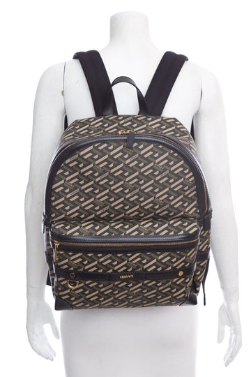 Versace Green & Black La Greca Coated Canvas Backpack
