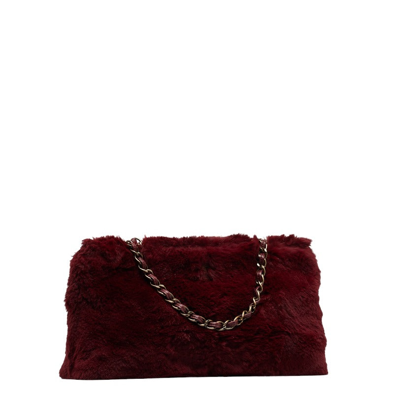 Chanel Coco Mark Chain Tote Bag Handbag Red Rabbit Fur Leather Women's