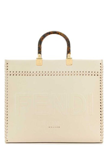FENDI SUNSHINE MEDIUM TOTE BAG, RAFFIA & TAN LEATHER.