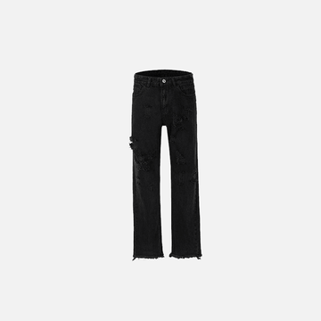 Black Distressed Straight-Leg Jeans