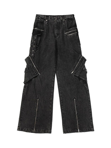 Makersluxe Multi-Pocket Exposed Zippers Baggy Jeans