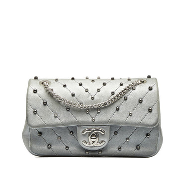 Chanel Chevron Coco Studded Chain Shoulder Bag Silver Leather Women's
