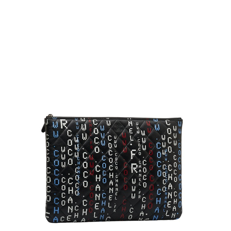 Chanel Matlasse Typography Clutch Bag Black Multicolor Lambskin Women's