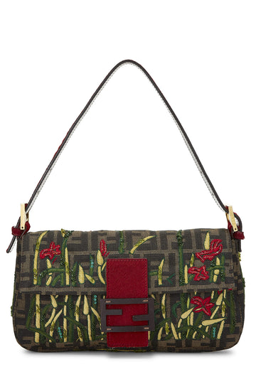 Fendi,  Brown Zucca Canvas Embroidered Baguette, Red