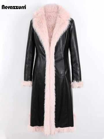 Nerazzurri Winter Long Black Fitted Thick Warm Pu Leather Coat Women with Pink Hairy Shaggy Fluffy Faux Fur Inside Runway Parka