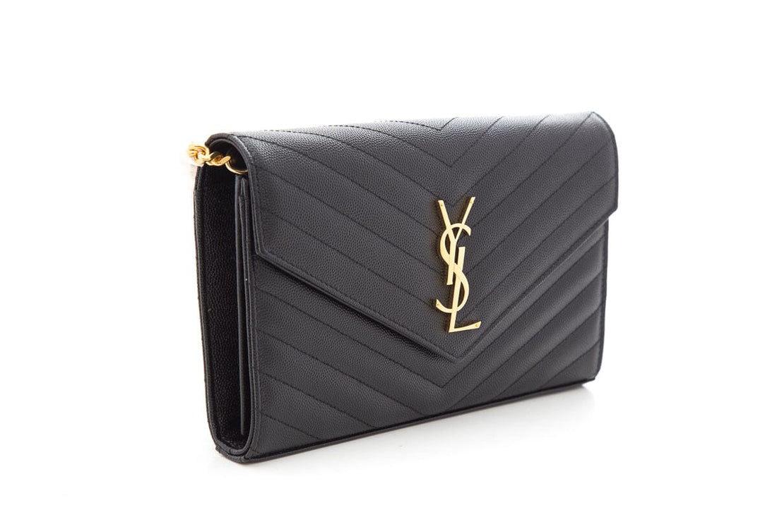 YSL Cassandre Matelasse Chain Wallet in Grain De Poudre Black Embossed Leather
