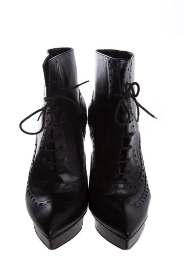 Yves Saint Laurent Black Leather Lace-Up Pointed-Toe Boots SZ 39